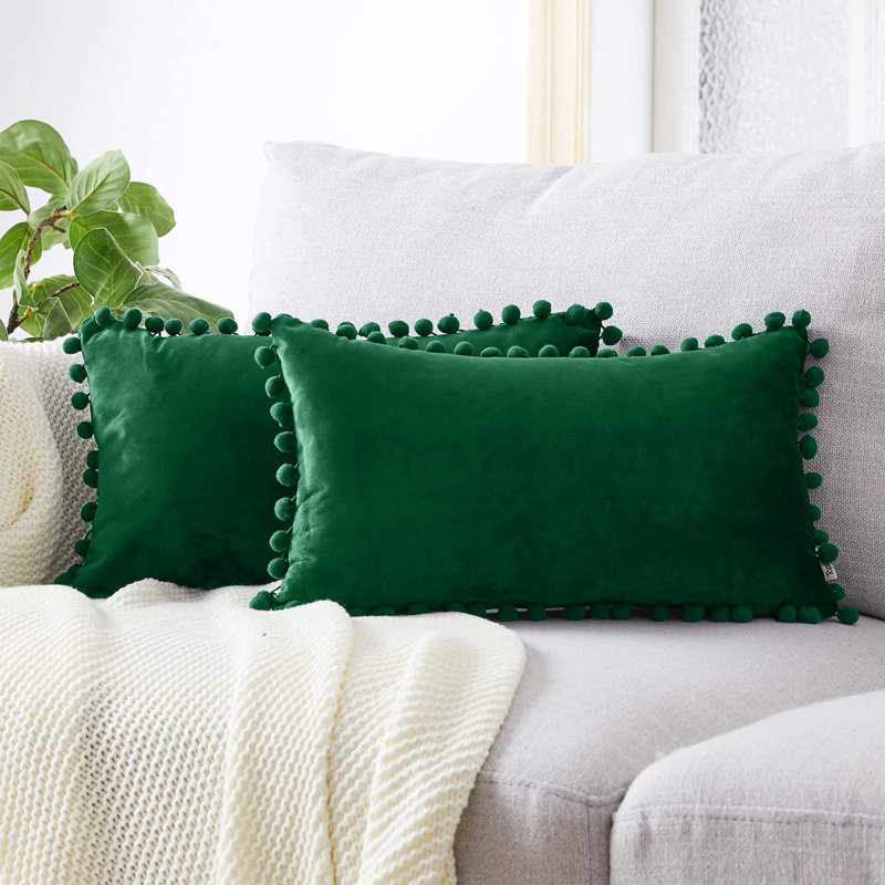 Pom Pom Velvet Pom Pom Velvet Lumbar Pillow Cover, Green