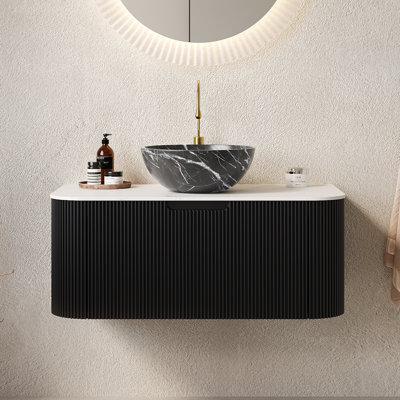 Meuble-lavabo mural avec lavabo, armoire de rangement cannelée à bord arrondi avec tiroir, vasque en céramique noire, pré-assemblé