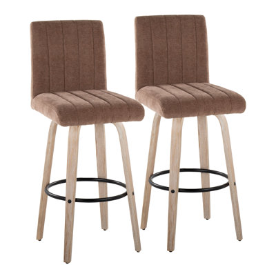 Tabouret de bar 30 po à hauteur fixe avec pivot en bois blanchi et tissu brun avec repose-pieds rond noir en métal 30 po