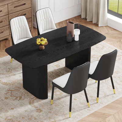 5 Piece Dining Table Set, 67 Inch Black Wood Grain MDF Dining Table, Spliced Upholstered Dining Chairs, Metal Legs, Multi