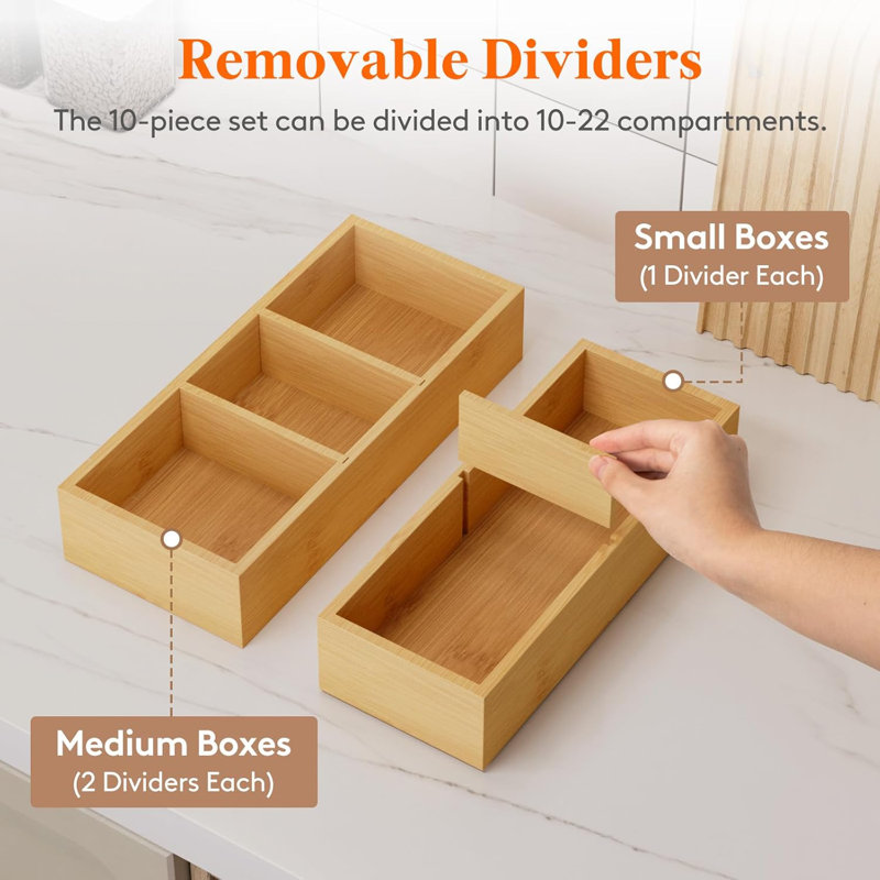 Ensemble de 10 organisateurs de tiroir (22 grilles) avec 12 inserts, séparateurs de tiroir réglables en bois de bambou