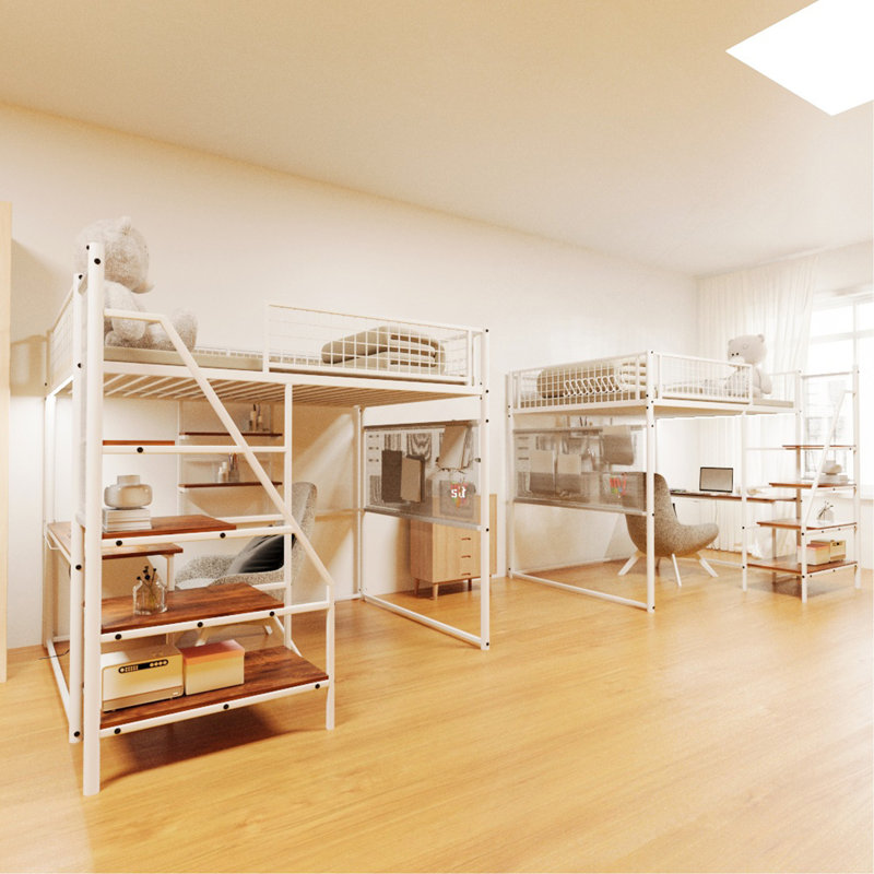 Loft Metal Bed With White For Bedroom And Dormitory, With Built-In Charging Station And LED Lighting