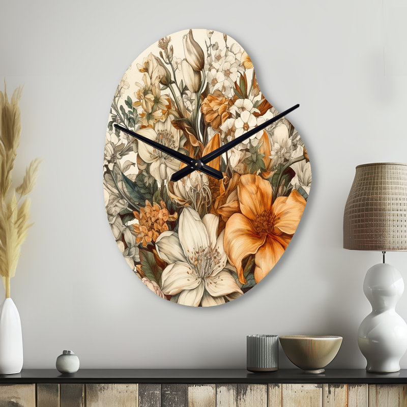 Cream And Orange Flowers Bouquet Interpretation I - Pear Shape Large Cream Wall Clock Sculpture, Small