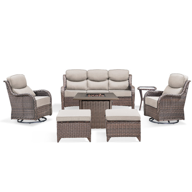 High Back Outdoor Furniture With 6-Inch Extra Thick Cushions, Patio Furniture Set With Fire Pit Table & Swivel Chairs, 7 PCS Wicker Conversation Set For Yard, Deck, Poolside