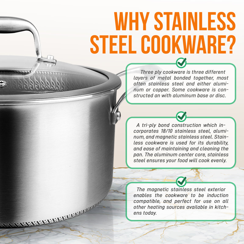 NutriChef 5-Quart Stainless Steel Stew Pot with Glass Lid