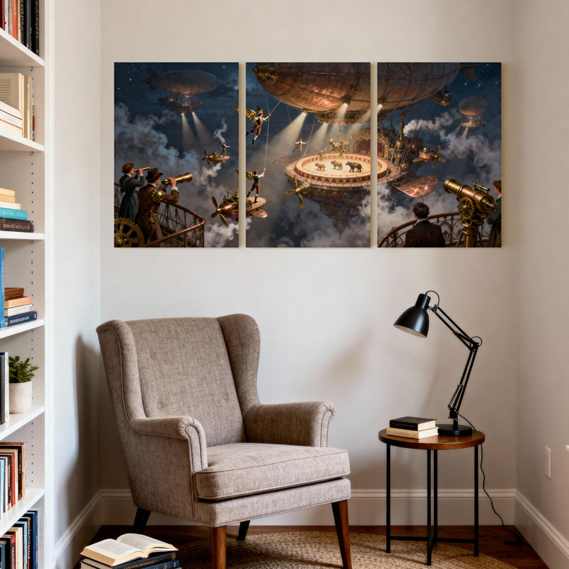 Fantasy & Sci-Fi Steampunk Airhip Circus Sky Adventure, ensemble de 3 impressions sur toile, H 18 po x l 36 po