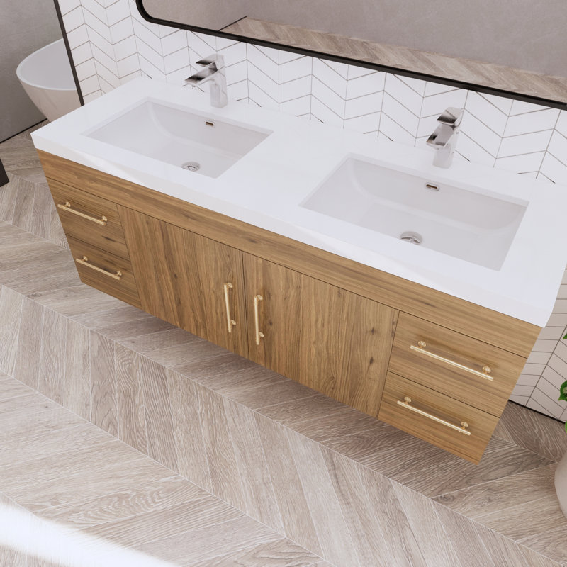 59" Wall-Mounted Single Bathroom Vanity Set, Natural Oak