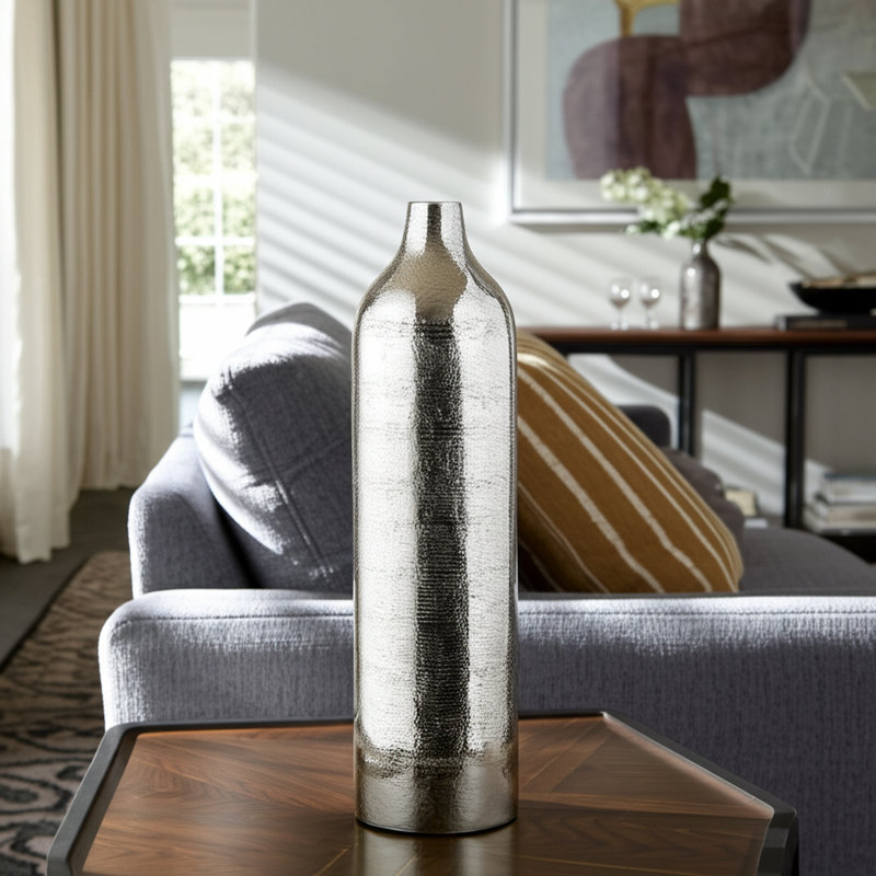 Ingeruth Aluminum Decorative Vase Modern Glam Metal Accent Piece with Textured Detail Sculptural Contemporary Design, Silver