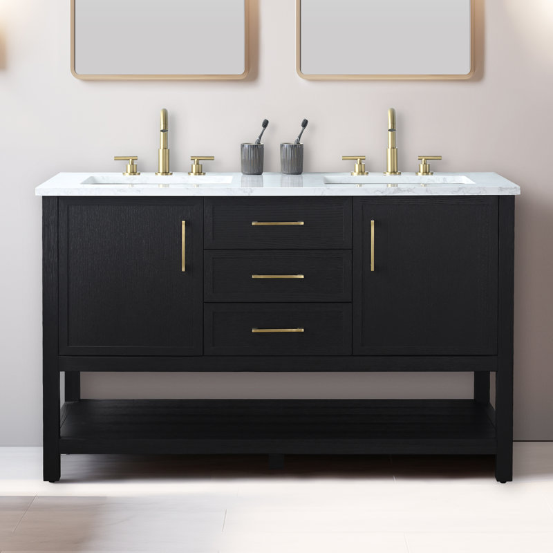 Stratford 54'' Double Bathroom Vanity with Engineered Stone Top, Black Oak/Brushed Gold
