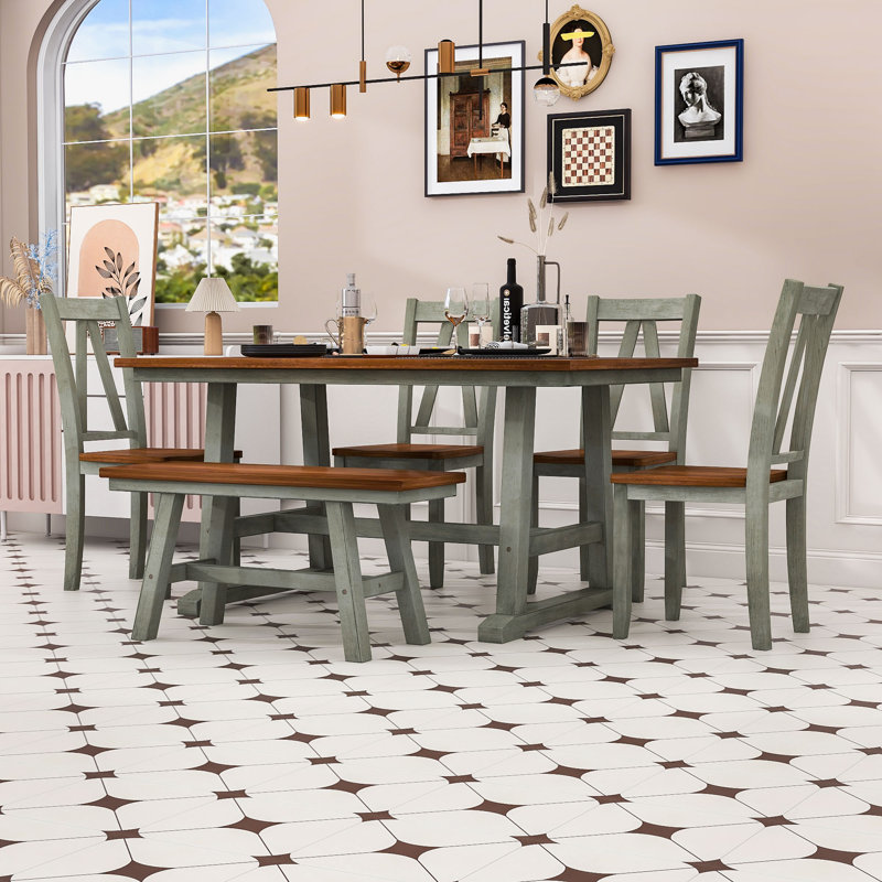 Ensemble de salle à manger 6 pièces avec table rectangulaire, 4 chaises en bois et banc assorti, Noyer, Noyer, Gris