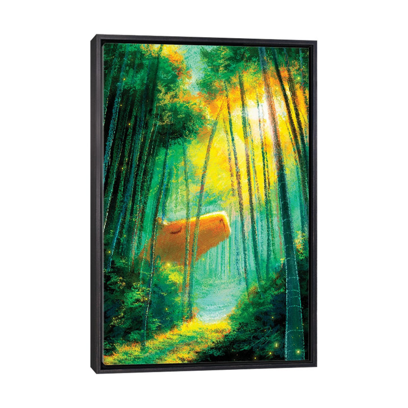 Capybara dans la forêt de bambous - reproduction d'art murale - toile encadrée, 40 po x 26 po, Toile avec cadre, Noir patiné
