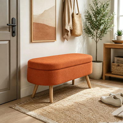 Oval Boucle Storage Ottoman Bench with Wood Legs