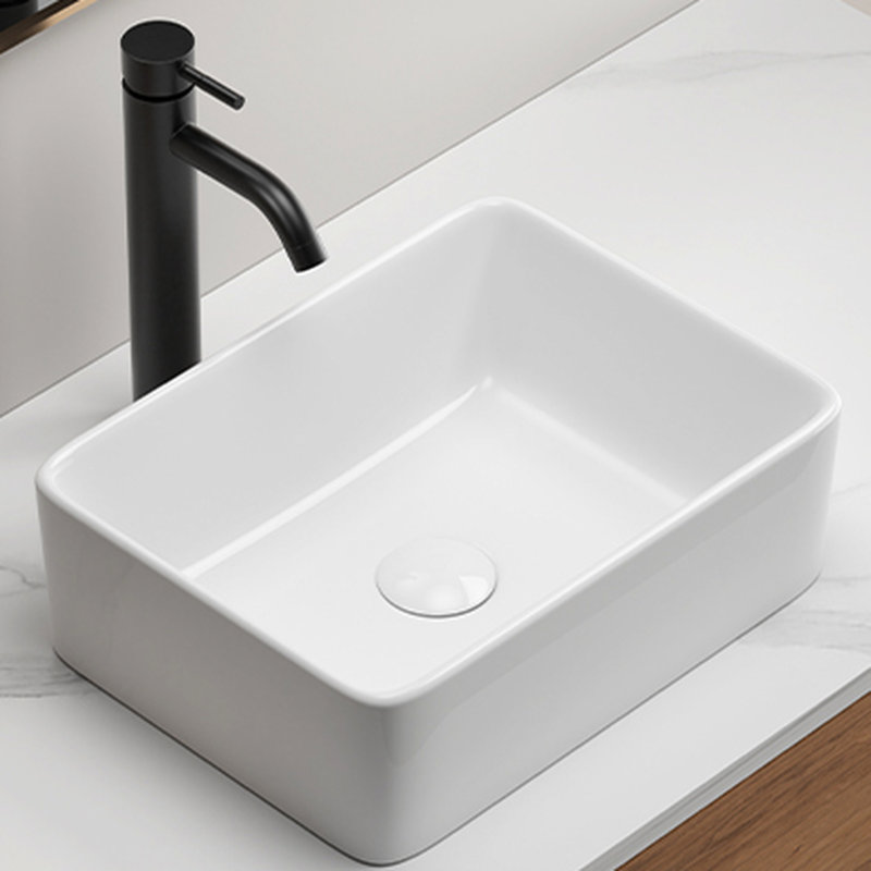 Lavabo vasque carré, céramique blanche lisse et brillante, ne tache pas