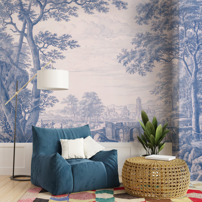 Papier peint paysage de toile bleu et crème rétro avec scène de forêt et de village, L 720 po x l 90 po
