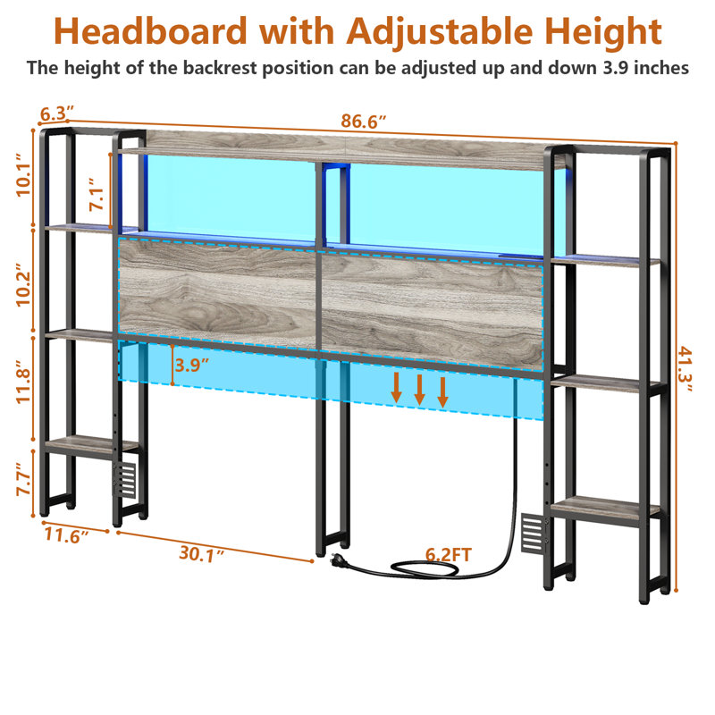 Metal Headboard For Bed With Storage Shelves, Headboards With Charging Station & LED Lights For Bedroom, Queen