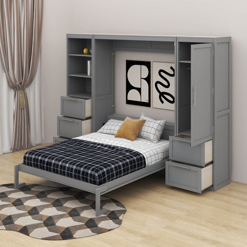 Grand lit escamotable avec placard, tiroirs et tablettes, Gris