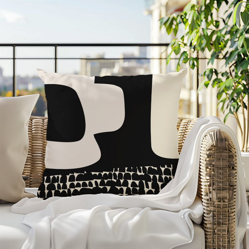 Coussin carré intérieur / extérieur pia, H 15 po x l 15 po, Blanc cassé / noir