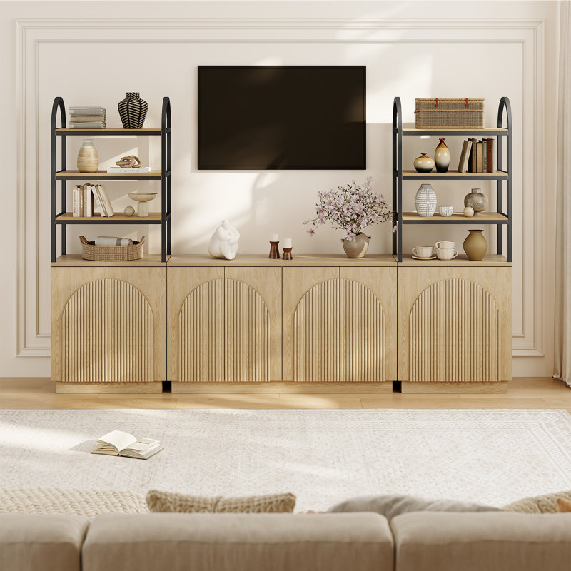 Designer Curved Three-dimensional Texture 3-piece Modular Tv Cabinet, Nature