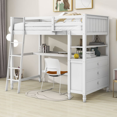 Lit mezzanine en bois avec tiroirs et bureau, lit mezzanine simple avec tablettes