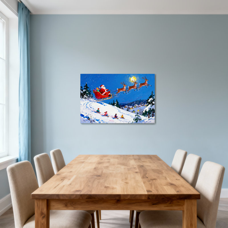 Noël père Noël survolant un paysage enneigé, H 12 po x l 18 po