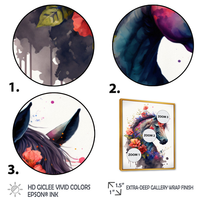 «Cute Horse Floral Art I», reproduction d'art sur toile, H 40 po x l 30 po x P 1,5 po, Toile avec cadre flottant or