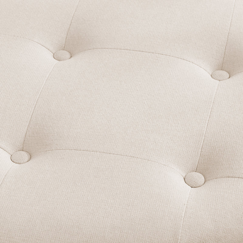 Pouf de rangement rond capitonné à deux niveaux avec couvercle relevable et tablette en bois, Beige