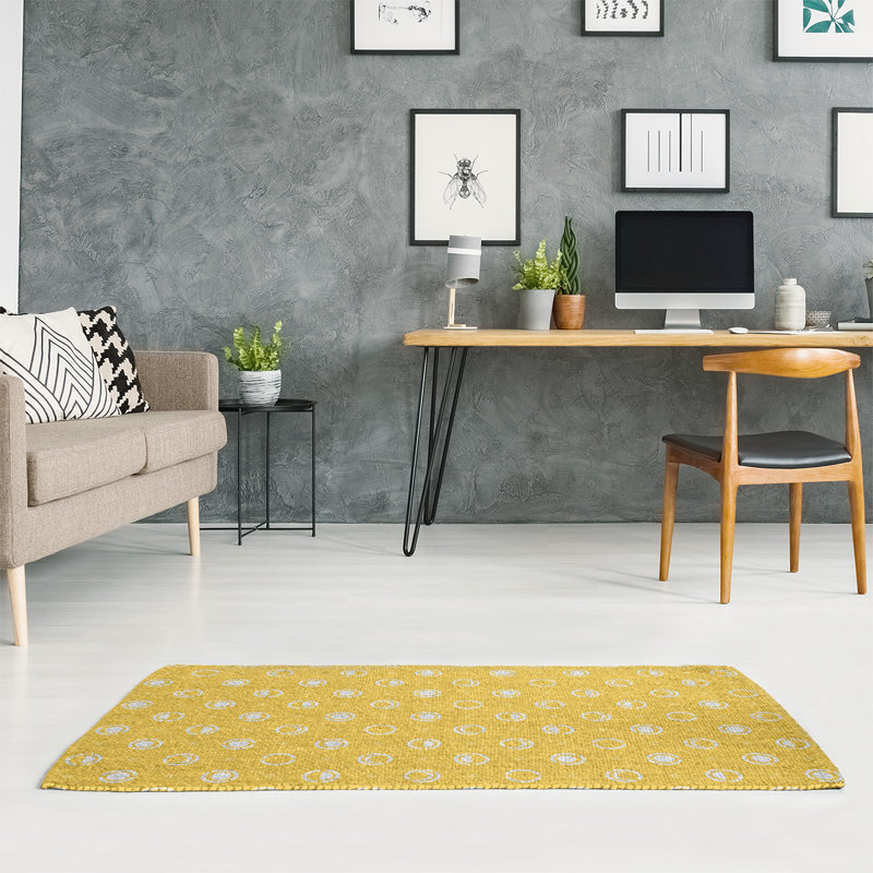 Tapis de couleur jaune/blanc clair en forme de lune en monochrome, Rectangle 8 pi x 10 pi