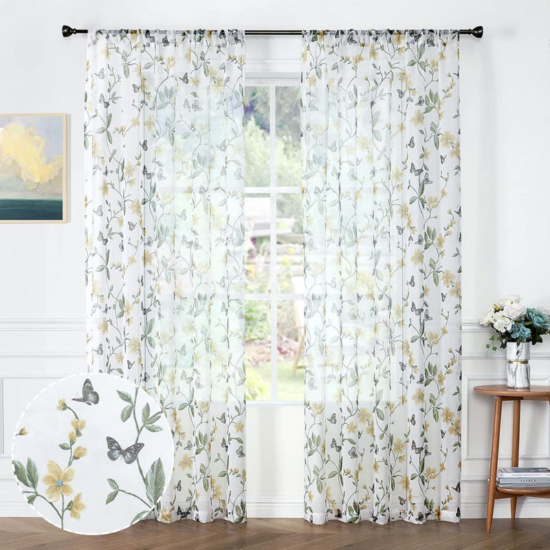 Sheer Floral Curtain Butterfly Printed Bedroom Curtains Rod Pocket Voile Faux Linen Short Window Curtain For Living  Set Of 2 Panels