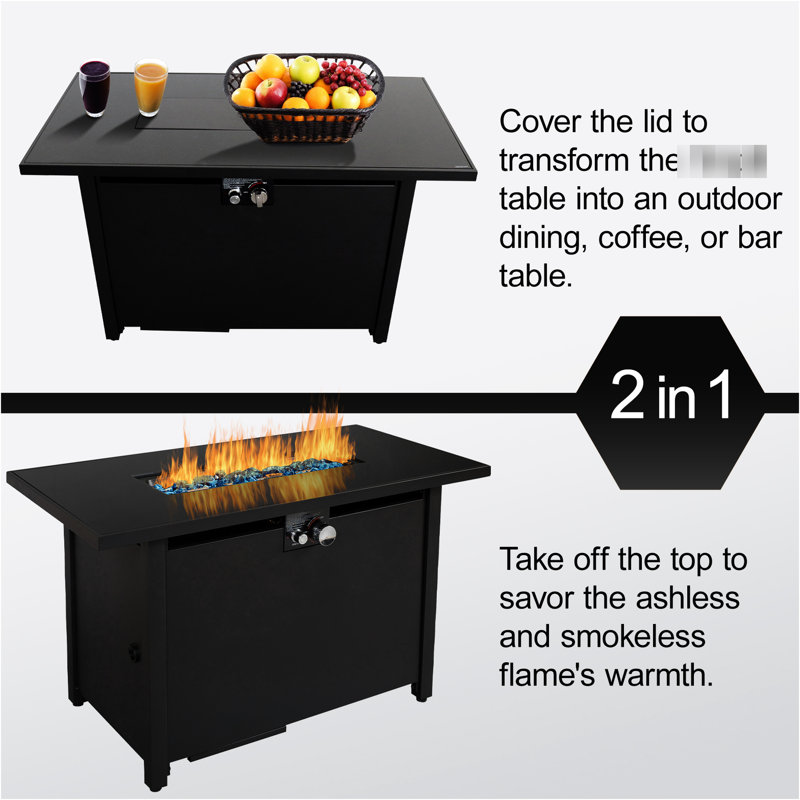 Table de foyer d'extérieur H 25 po x l 42 po à l'extérieur, acier, noir
