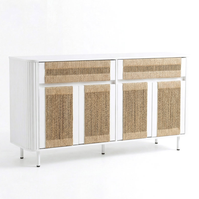 Cord Sideboard with 2-Drawer, 4 Doors and Shelves for Living Room, Kitchen, or Entryway, White