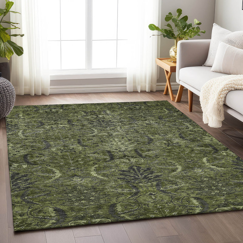 Tapis olive intérieur / extérieur lavable à la machine Chayil ACN1082, Rectangle 9 pi x 12 pi