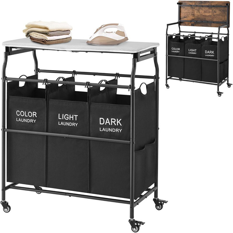 3 Section Laundry Sorter Cart With Ironing Board, Laund...