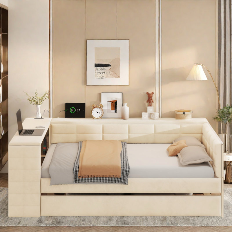 Upholstered Daybed With Storage Shelves, Desk, Charging Station And Trundle, Beige