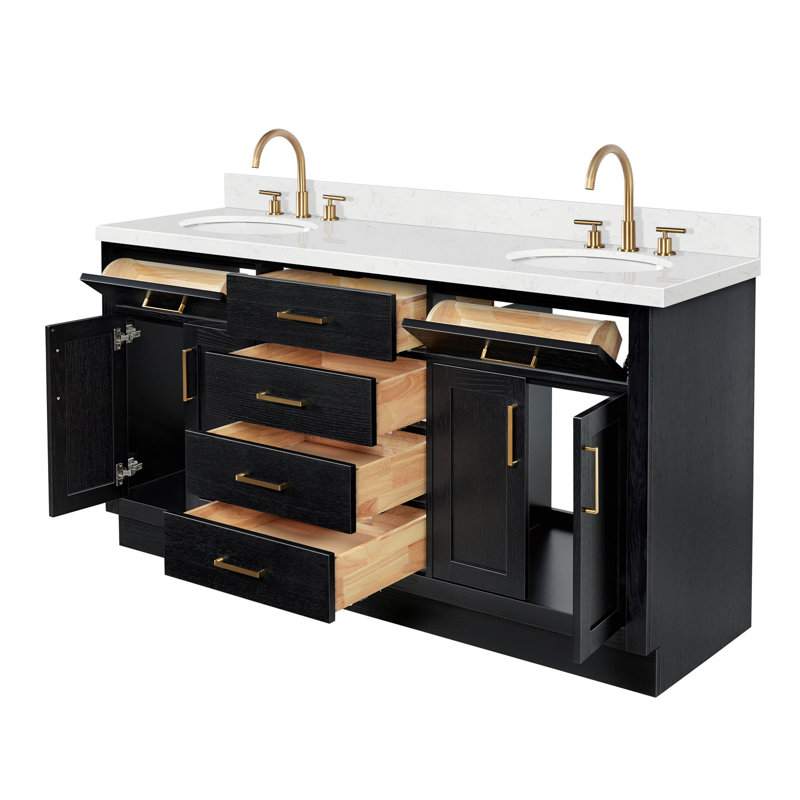 Meuble-lavabo double en bois massif 66 po avec plateau en quartz Carrara de 1,5 po Thornaby, Ovale