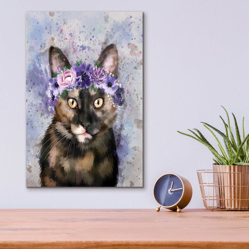 Art mural en verre épique «Flower Crown Calico Cat 3» par Furbaby Affiliates, H 16 po x l 12 po
