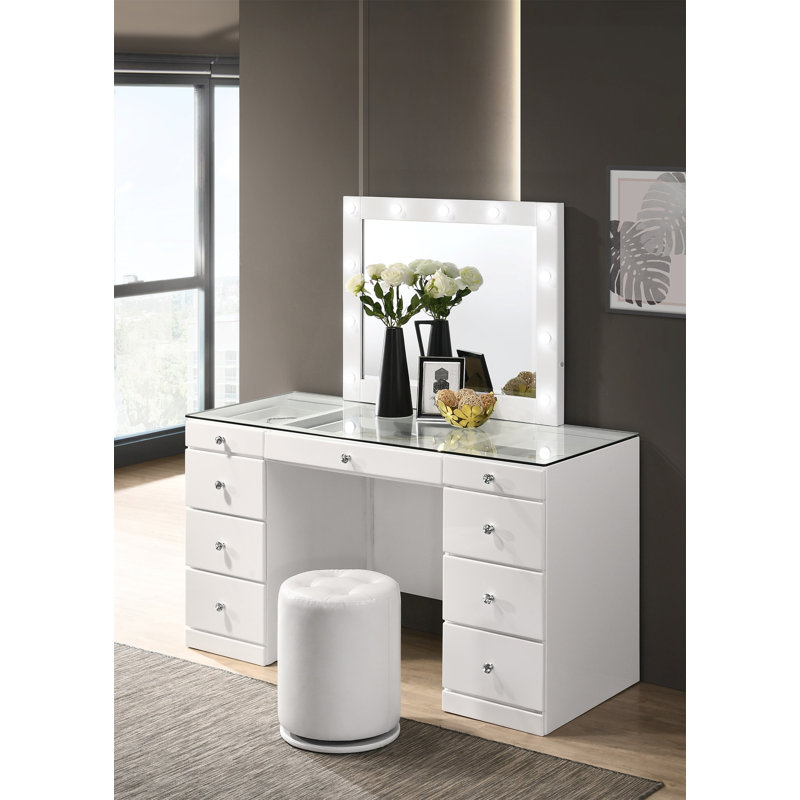 1Pc Glam Makeup Vanity Table Glass Top 9 Drawers Knobs Wooden Bedroom Furniture, Black