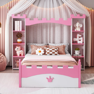 Castle-Shaped Wooden Bed With Storage Shelf, Dreamy Size Platform Bed For Kids Bedroom,
