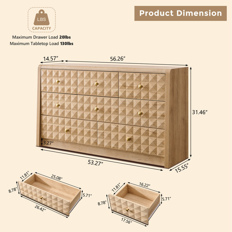     Modern 8 Drawers Dresser for Bedroom, 56" Wide Diamond-Textured Wood Dressers & Chests of Drawers w/Curved Profile Design, Mid Century Modern Dresser