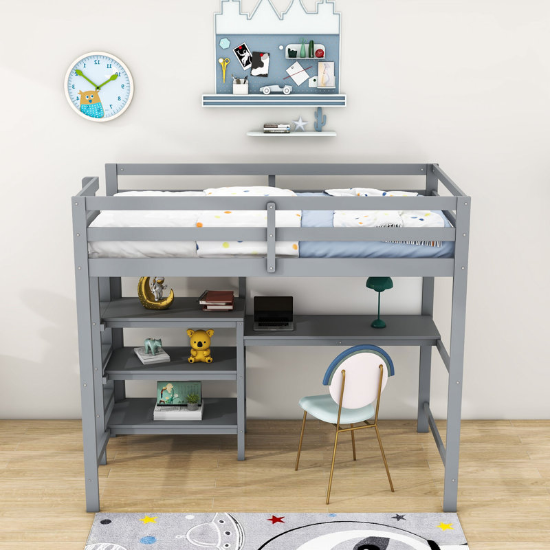 Moskowitz Kids Twin Wood Loft Bed with Built-in Desk and Shelves, Gray
