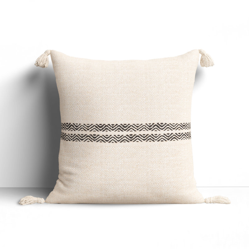 Tassels Cotton Throw Pillow, Cream/Beige/Black, 18" x 18", Polyester
