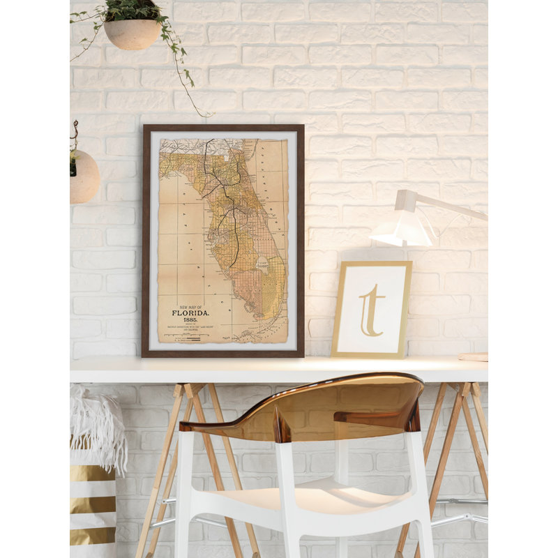 New Map of Florida, 1885 - Reproduction d'art graphique sur papier encadré, H 36 po x l 24 po x 1,5 po