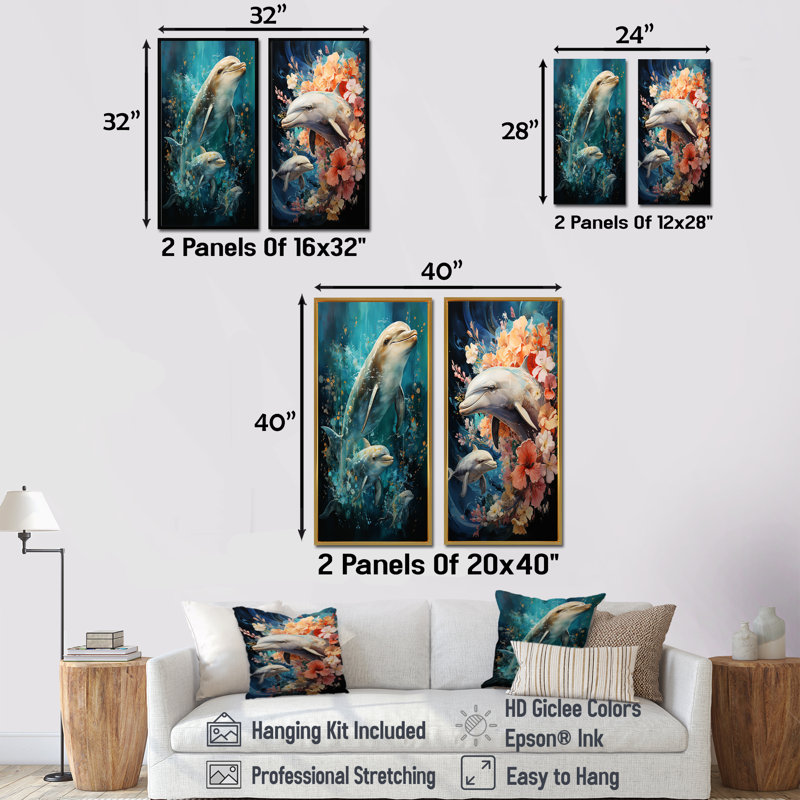 «Dolphin Aquatic Harmony» - ensemble de 2 reproductions d'art mural, Encadrement brun, H 28 po x l 25 po