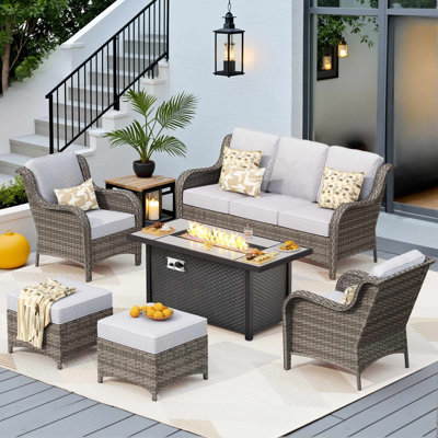 Ensemble de terrasse pour 7 personnes avec coussins et foyer d'extérieur, ensemble de patio en osier toutes saisons