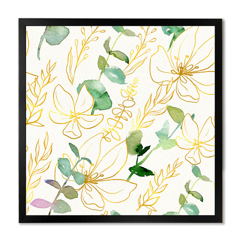Branches d'eucalyptus jaunes et vertes - Peinture sur toile, Cadre photo noir, H 16 po x l 16 po x P 1 po