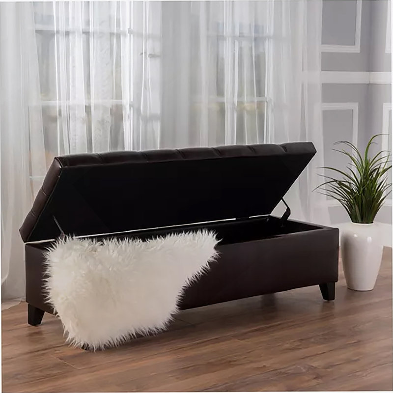 Banc repose-pieds avec rangement, surface en polyuréthane brun foncé, pieds en bois d'hévéa, capacité de 300 lb