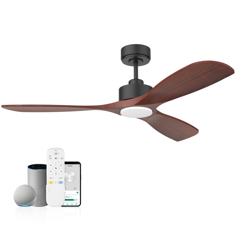 Ventilateur de plafond en bois à 3 pales de 52 po avec lumière, télécommande, WiFi / Alexa, moteur à courant continu silencieux, à intensité variable, intérieur / extérieur