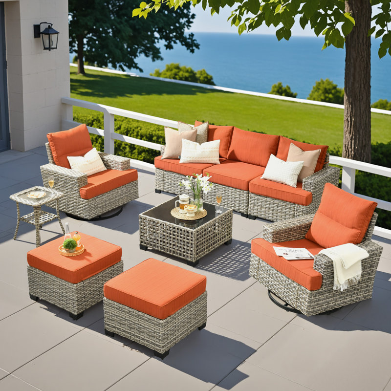 7- Person Rattan Outdoor Seating Group With Swivel Rockers, Orange Red