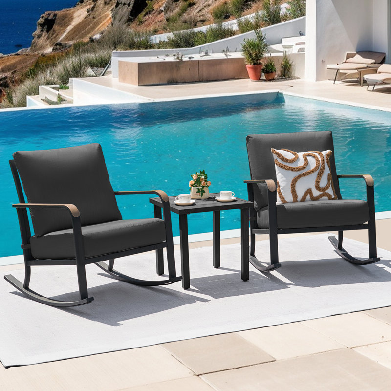 Ensemble de conversation 3 pièces pour l'extérieur avec 2 chaises berçantes en métal, Structure noire / Coussin gris foncé
