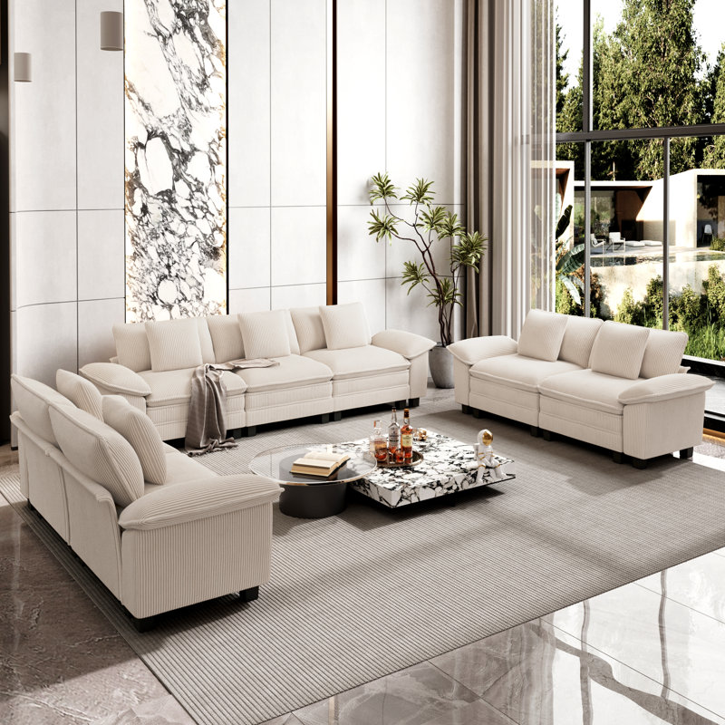 7 - Piece Living Room Set, Beige Corduroy