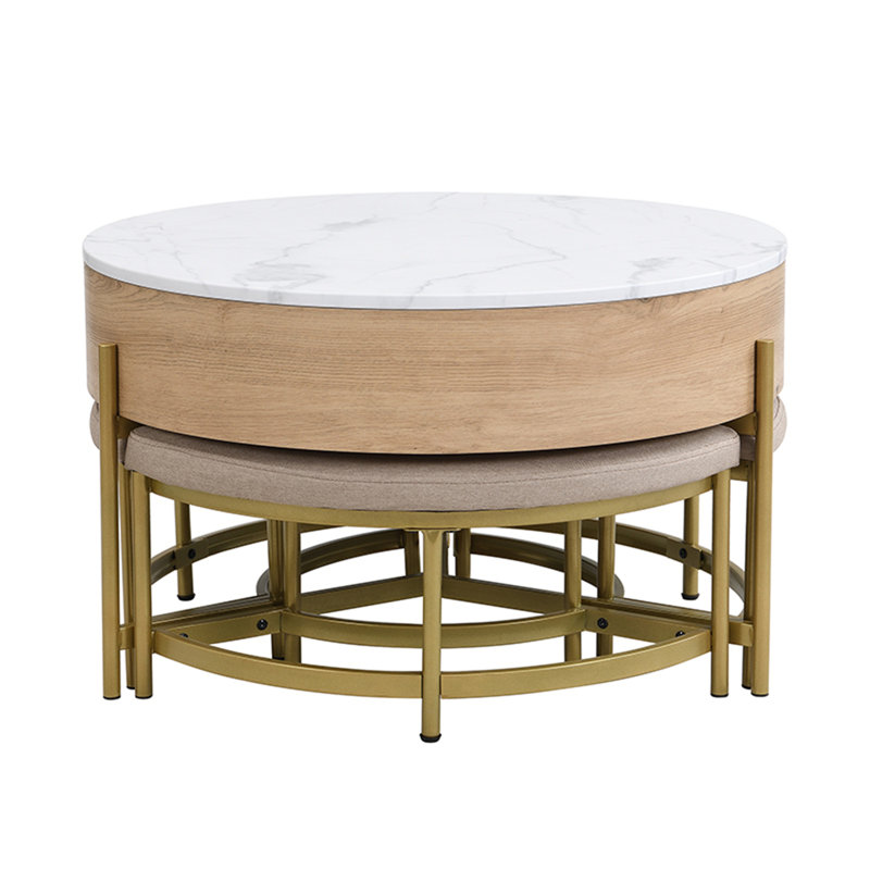 Table basse à plateau relevable moderne avec rangement et 3 repose-pieds, Naturel; blanc